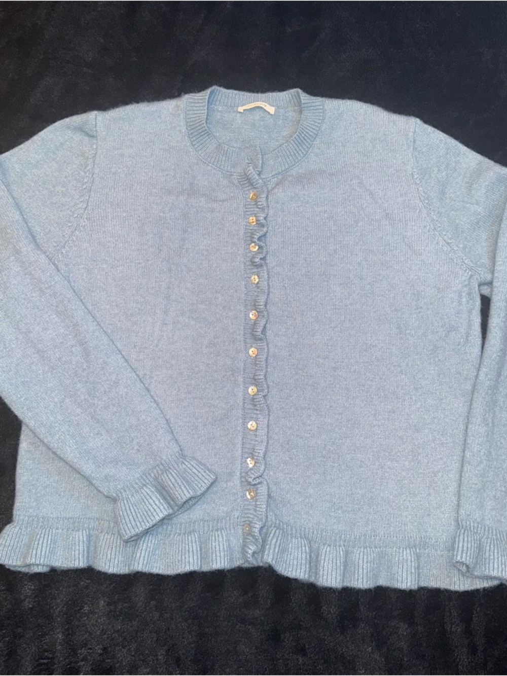 Womens Large Blue Ruffle‎ Cardigan Granny Cottagecore Soft Knit Button Sweater